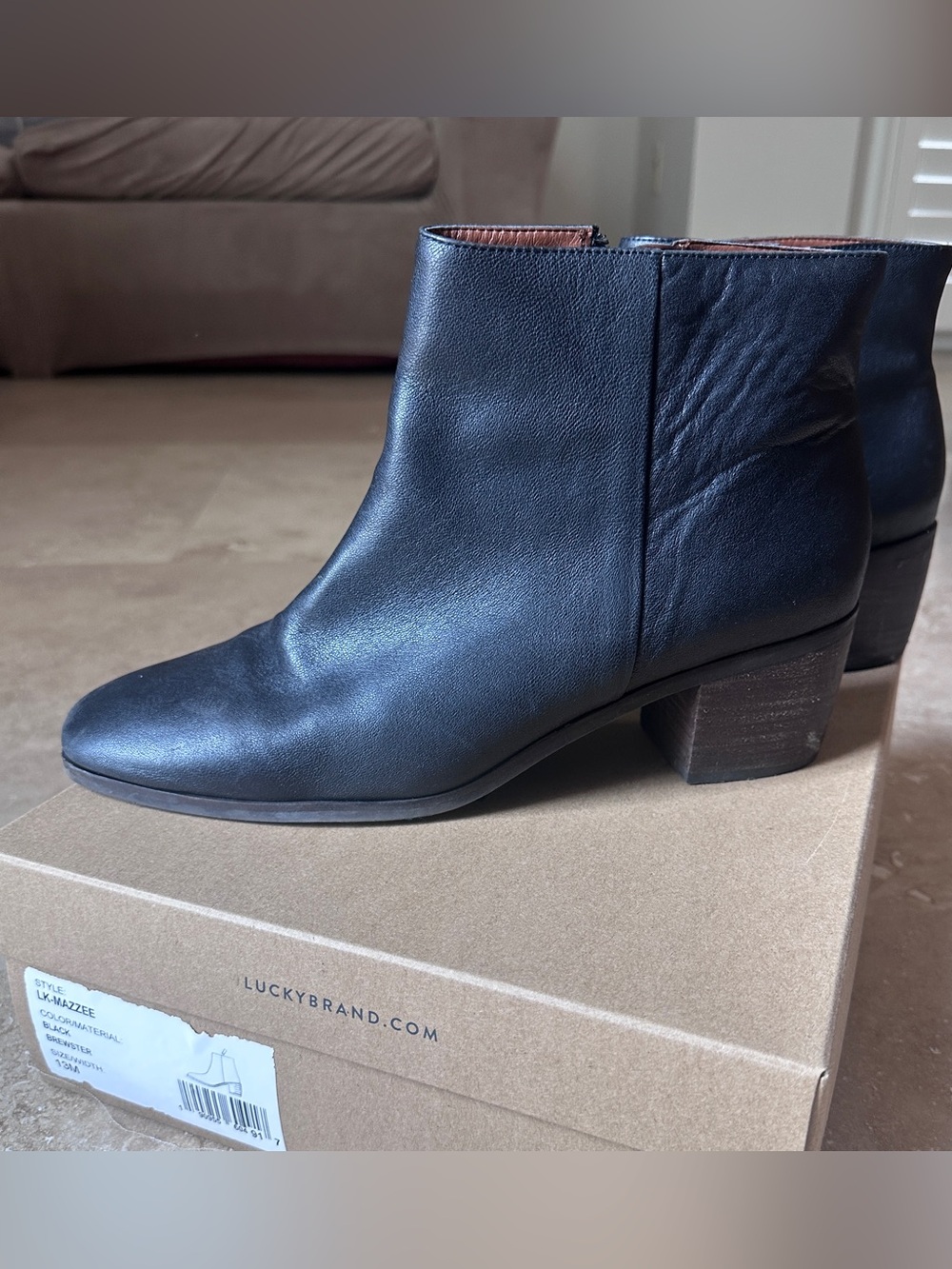Lucky Brand LK Mazzee Black Leather Ankle Boots Side Zip Bootie size 13M